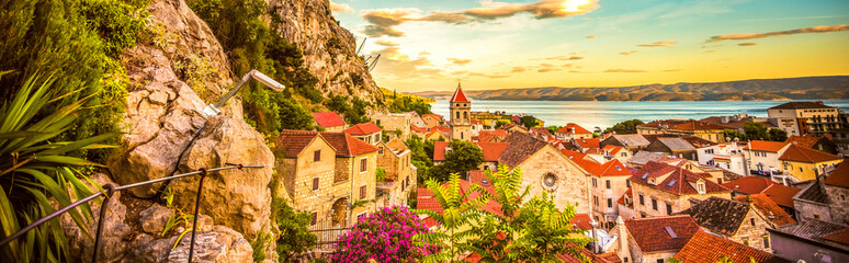 Cityscape of old croatian resort - Omis town. Adriatic sea, Dalmatia coast, Croatia, Europe. Summer...