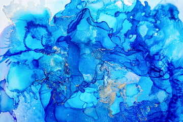 Alkohol Ink Wallpaper Background. Colorful Liquid Painting Texture with Blue Colors. 