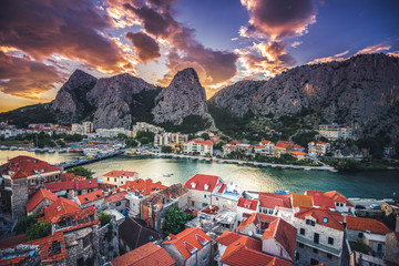 Cityscape of old croatian resort - Omis town. Adriatic sea, Dalmatia coast, Croatia, Europe. Summer...