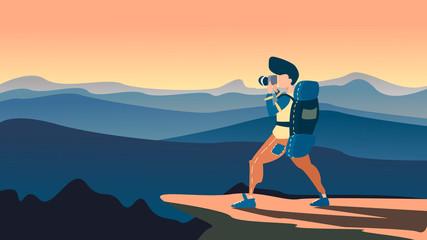Fototapeta na wymiar backpacker standing on top of mountain, illustration