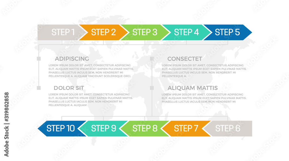 Wall mural set of gray, orange, green, turquoise and blue elements for infographic with world map presentation 