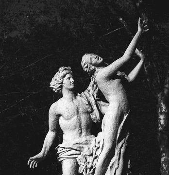Coercing, women sexual abuse concepts. Chastity and sexual desire. Apollo and Daphne park sculpture. Black and white photo.