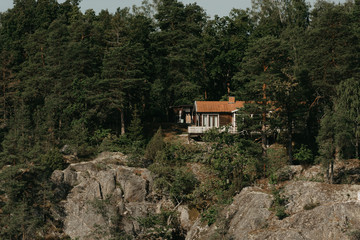 A cozy house on a cliff between spruces in the forest on a sunny day.