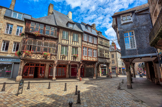 Half-timbered medieval houses in Dinan historical Old town, Brittany, France