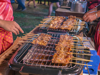Close up Thai style Grill Beef skewer street Food in Thailand