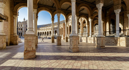 Beautiful arcades on the central square of Seville Plaza de Espana, Andalucia, Spain