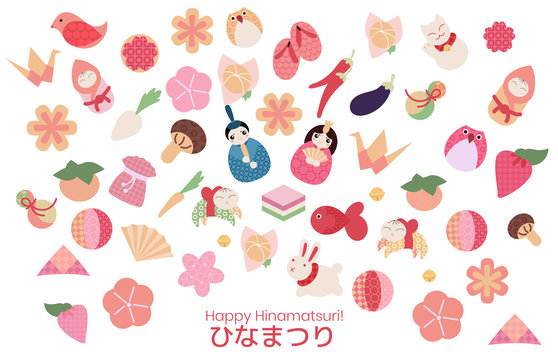 Hina Matsuri (Japanese Girls Festival) celebration card. Emperor family dolls surrounded by various hand made objects used to make good wish. Caption translation: Hinamatsuri
