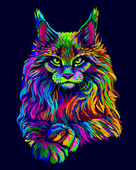Cat. Abstract, artistic, neon-colored portrait of a Maine Coon cat in pop art style on a dark blue background.