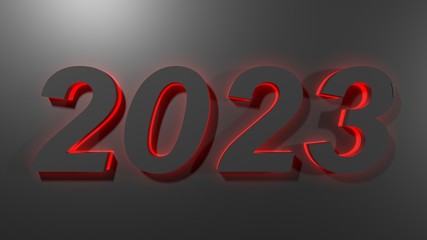 2023 in black digits with red  back light, on a black surface - 3D rendering illustration