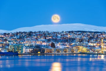 Poster Tromso At Full Moon In Winter Time, Christmas in Tromso, Norway © Dmitry Pistrov