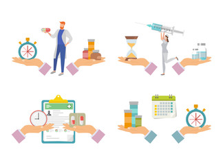 Conceptual set of time and health, time to take medicine.