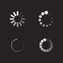 Isolated loading icon set on black background. Preloaders and white  progress loading bars. Vector illustration.	