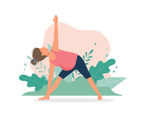 Pregnant woman doing yoga workout. Pregnancy health concept. Cute vector illustration in flat style