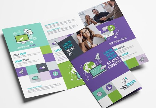 Purple and Green Trifold Brochure Layout