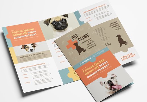 Trifold Brochure Layout with Pet and Vet Service Themed Illustrations