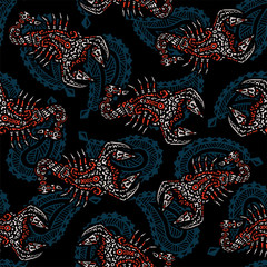 Seamless pattern with scorpions, made in the ethnic style. Tattoo, astrology, alchemy, boho and magic symbol. Original design in doodle style. Vector illustration.