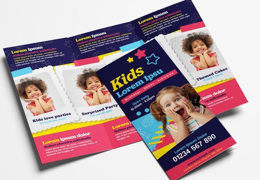 Trifold Brochure Layout with Children's Event Illustrations 