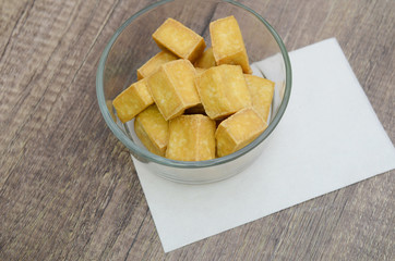 Fried tofu curds in bowl