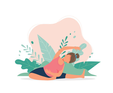 Pregnant Woman Doing Prenatal Yoga. Pregnancy Health Concept. Cute Vector Illustration In Flat Style