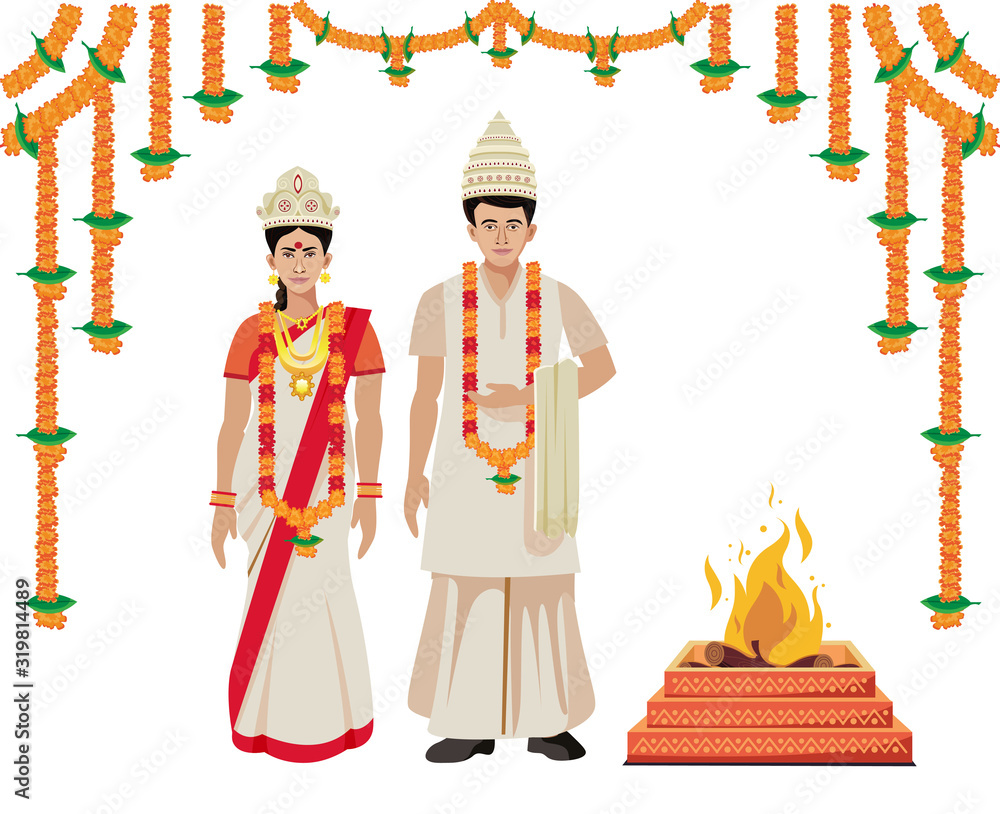 Wall mural wedding bengali couple in traditional dress with hawan vector