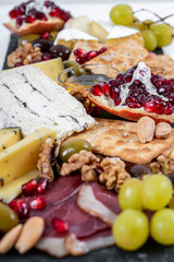 Food Platter With Truffle Cheese, Duck Breast, Brie Cheese, Pecan Nuts, Pomegranate Seeds, Grapes, Almonds, Honey, Olives and Crackers