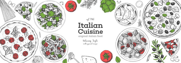 Pizza, pasta and ravioli cooking and ingredients for pizza, pasta and ravioli , sketch illustration. Italian cuisine frame. Food menu design elements. Pizza and pasta hand drawn frame. Italian food.