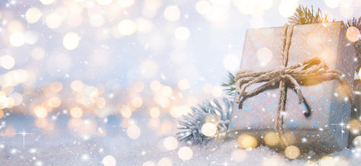 Merry Christmas and Happy New Year, Holidays greeting card with blurred bokeh background