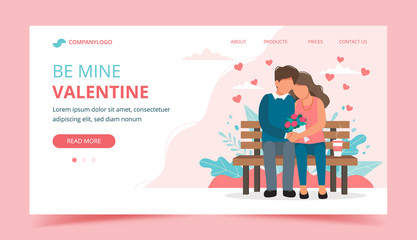 Valentine's day with couple sitting on the bench. Landing page design template, vector illustration in flat style