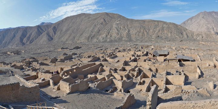 Panoramic View of the ancient ruins of the archeological zone Huaycan de Cieneguilla. Lima-Peru