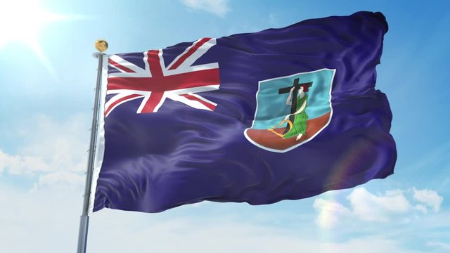 Montserrat flag waving in the wind against deep blue sky. National theme, international concept. 3D Render Seamless Loop 4K
