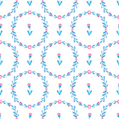 Cute seamless pattern with hand drawn watercolor wreath with spring flowers. Isolated on white