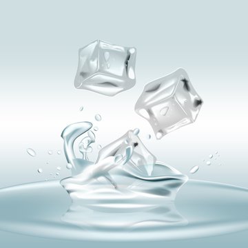 Ice cube is dropped into clear water.