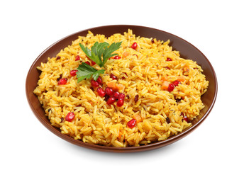 Tasty rice pilaf with pomegranate grains and parsley isolated on white