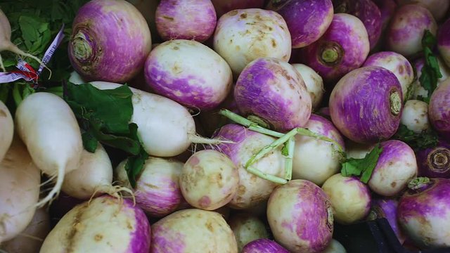 Fresh turnips on market shelves