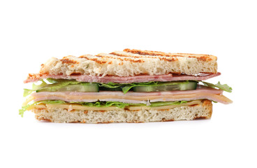 Tasty sandwich with ham on white background