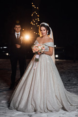 Bride and groom at wedding day. Bridal couple. Loving wedding couple outdoor. Bride and groom. Beautiful couple, bride and groom. Winter wedding.