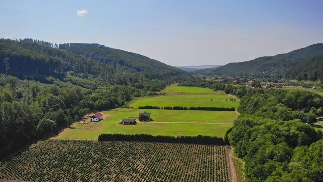 Sovata city, forest and valley from above. Aerial drone shot. Bird view. Panorama