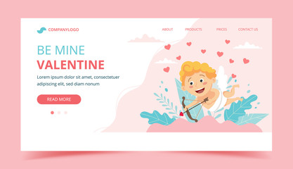 Valentine's day with cupid. Landing page design template, vector illustration in flat style
