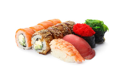 Set of delicious sushi isolated on white