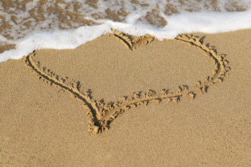 Heart Drawn On The Sand Of A Beach, Soft Wave Of The Sea.