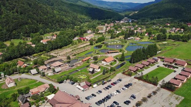 Sovata city, forest and valley from above. Aerial drone shot. Bird view. Panorama