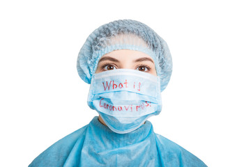 Portrait of ill woman wearing medical uniform and mask with what is coronavirus text isolated on white background. Coronavirus and health care concept
