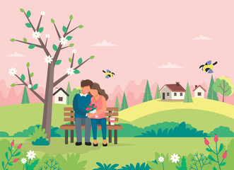 Loving couple sitting on the bench with spring landscape. Cute vector illustration in flat style.