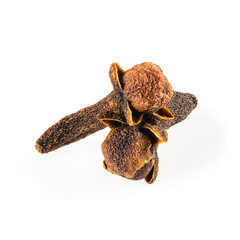 Cloves spice. Two dried cloves, macro close-up Isolated on white background, with a light shadow.