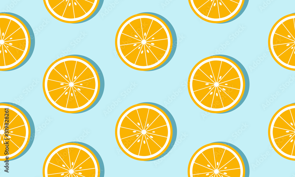 Poster seamless blue background with oranges slices with shadow. vector illustration design for greeting ca