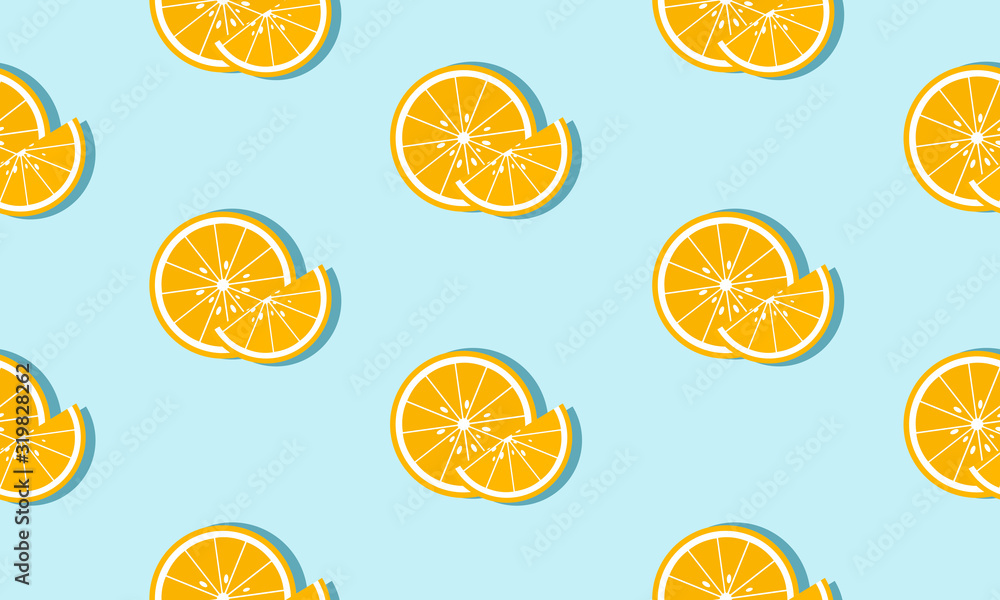 Poster seamless blue background with oranges slices with shadow. vector illustration design for greeting ca
