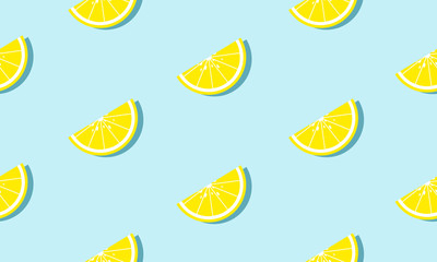 Seamless blue background with lemons slices with shadow. Vector illustration design for greeting card or template.