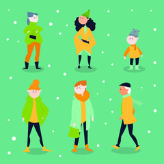 people wearing winter clothes collection. flat design illustration