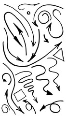 Arrows, pointers and geometric shapes drawn by hand. Isolated on white background.