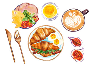 Watercolor hand painted breakfast cappuccino coffee cup, croissant with eggs and cherri tomatoes illustration set isolated on white background